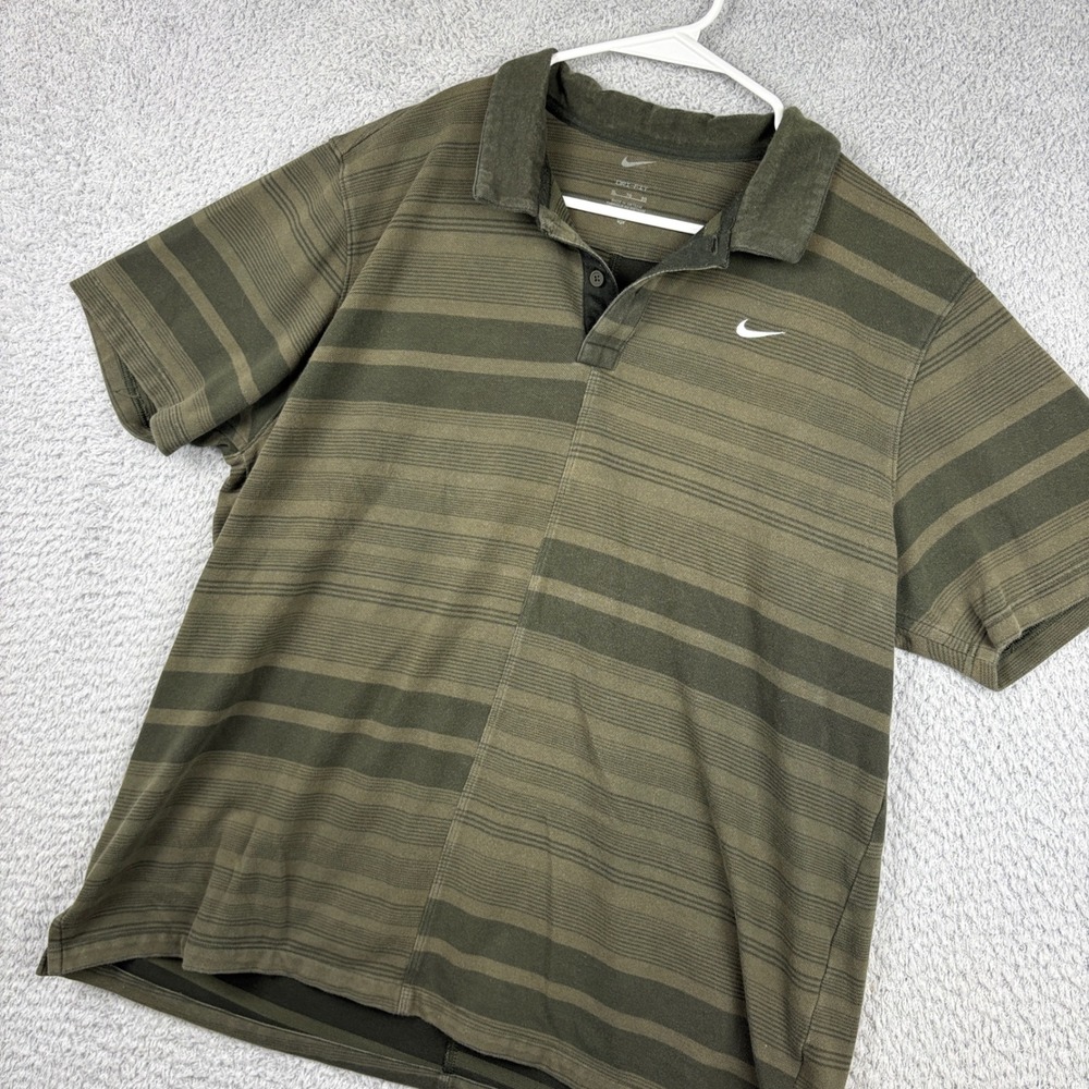 Nike Polo Mens XL Green Striped Dri Fit Golf Performance Short Sleeve Shirt